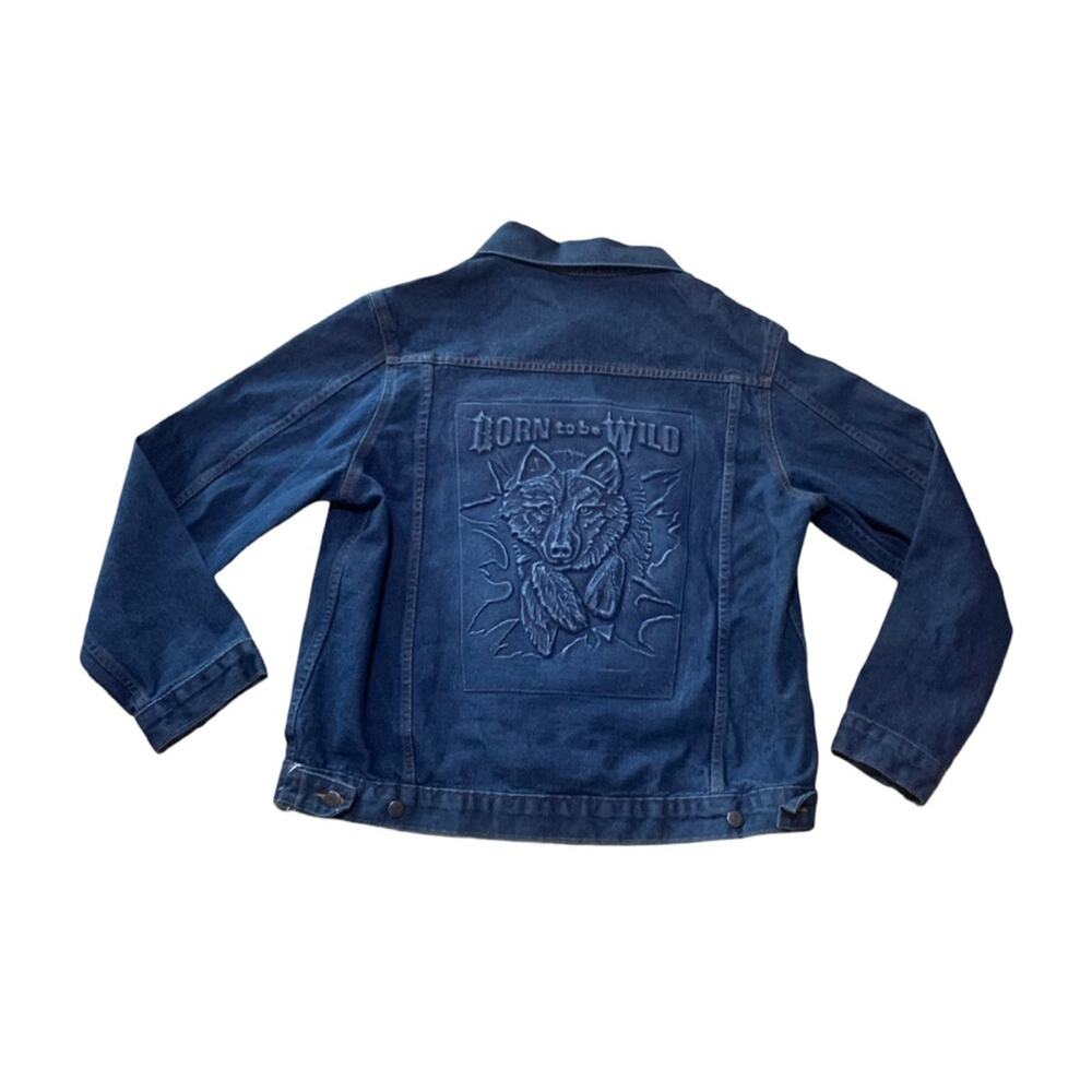 Mens denim jean jacket size XL wolf born to be wild biker harley indian
